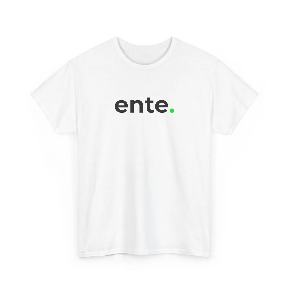 White tee with a small ente wordmark on the chest