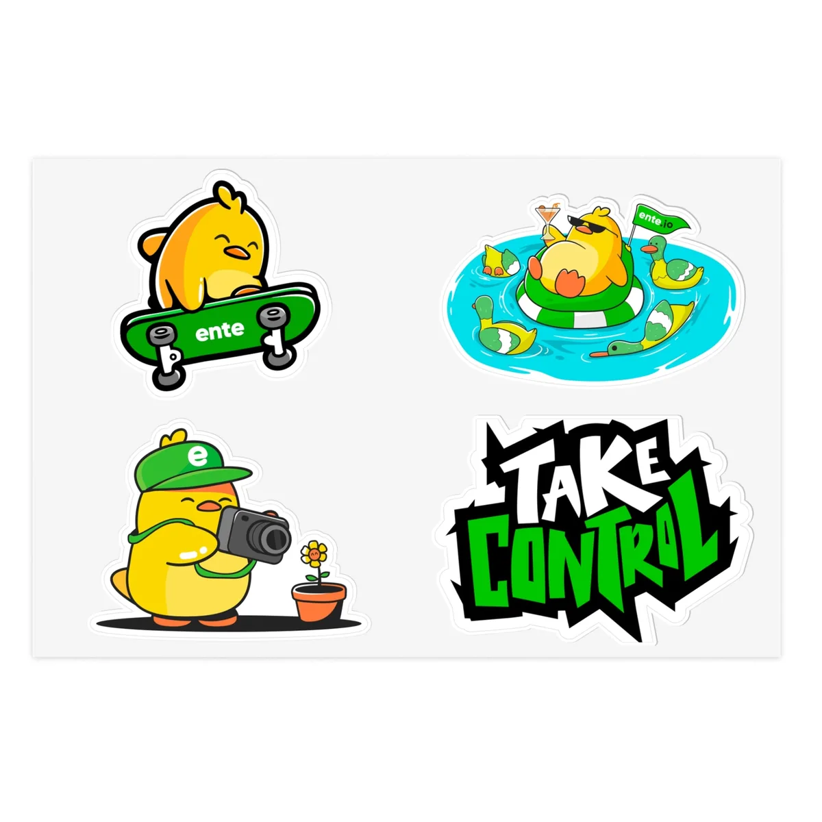 Sticker sheet with a skateboarding duck, a duck in a pool float, a camera duck and Take Control