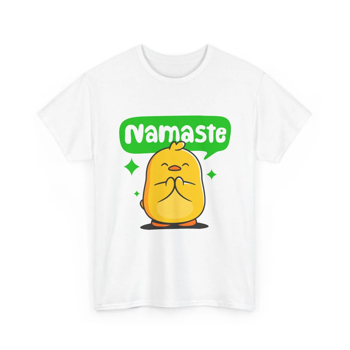 White tee with a yellow duck doing namaste under a green speech bubble